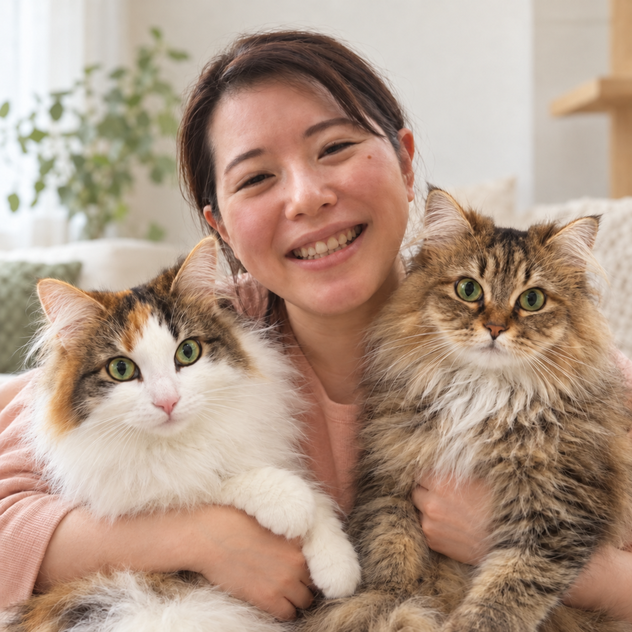 猫楽のシッターと２匹の猫を合わせた写真風の画像