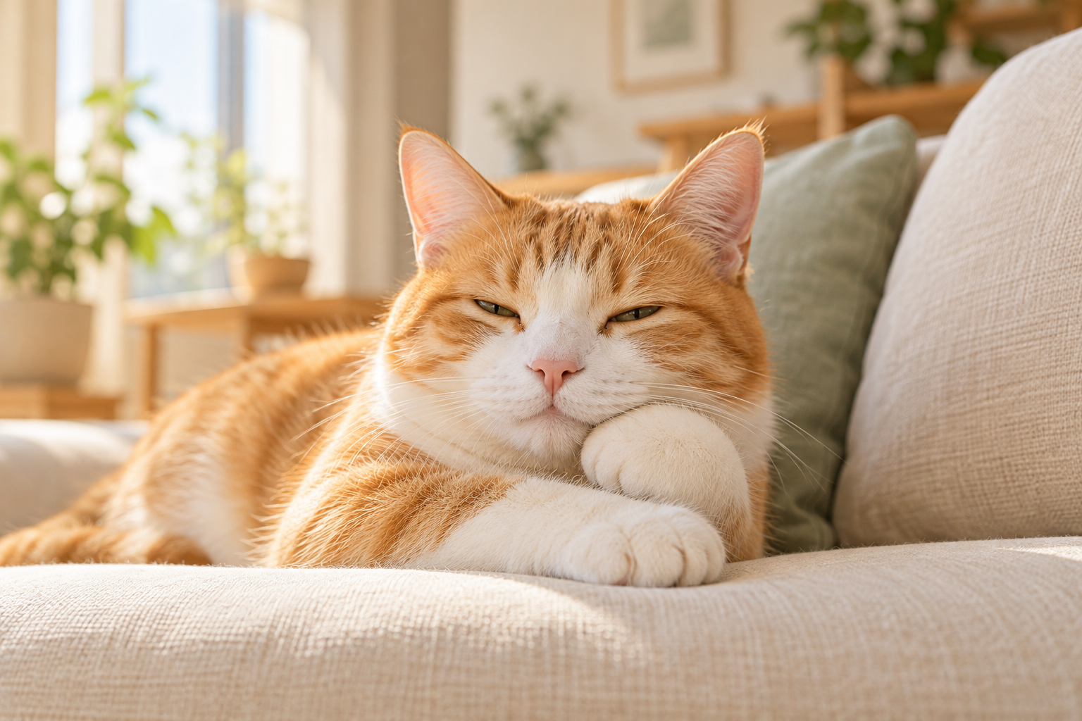 ソファでくつろぐ茶白の猫のイメージ画像